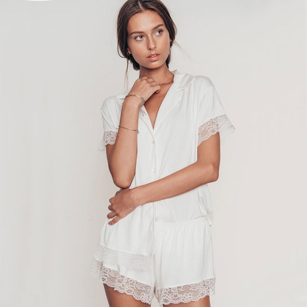 Minimalist Lace Panel Short Sleeve Shorts Modal Lounge Set - White