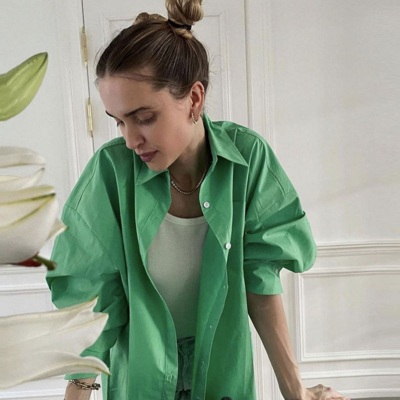 Minimalist Long Sleeve Button Down Collared Blouse - Green
