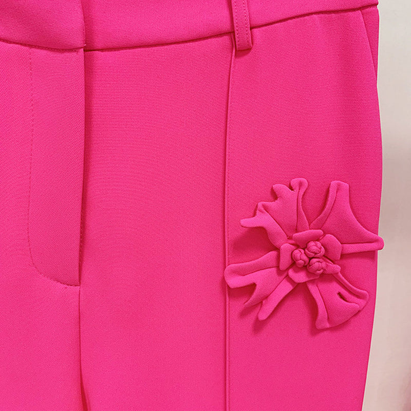 Modern Floral Appliqué High Rise Straight Leg Crepe Pants - Hot Pink