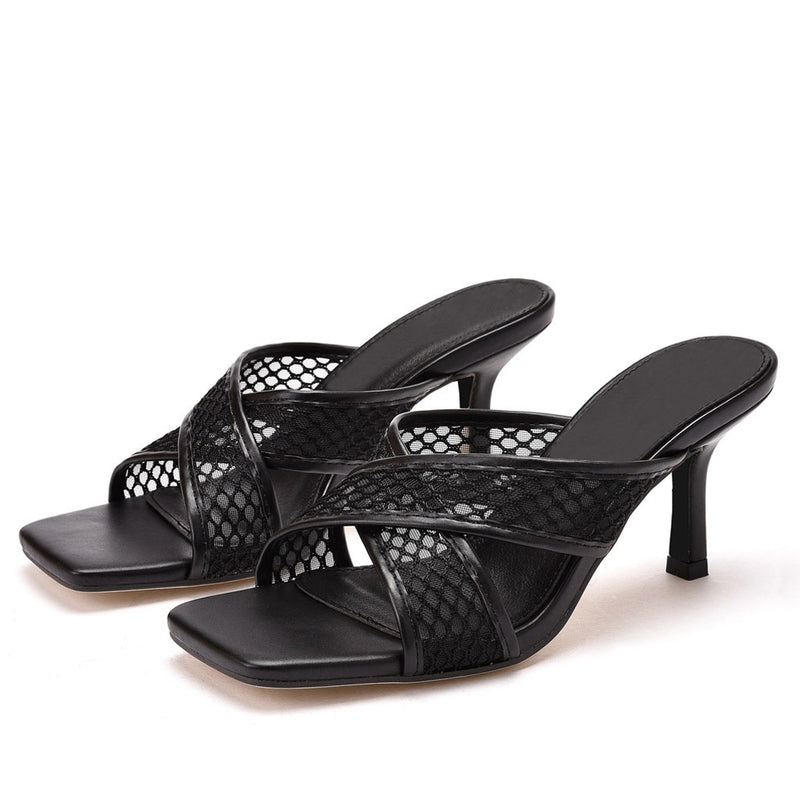 Modern Solid Crisscross Mesh Net Stiletto Mules - Black – Luxedress