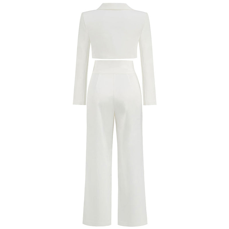 Neat Lapel Collar Long Sleeve Crop Blazer Matching Set - White