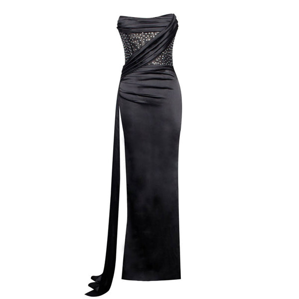 Opulent Crystal Corset Draped High Split Satin Strapless Maxi Evening Dress