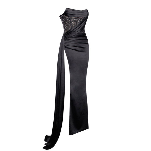 Opulent Crystal Corset Draped High Split Satin Strapless Maxi Evening Dress