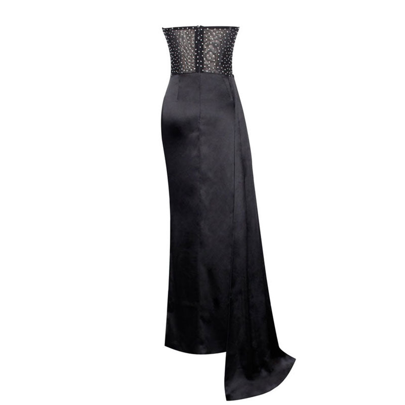 Opulent Crystal Corset Draped High Split Satin Strapless Maxi Evening Dress