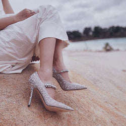 Opulent Crystal Pearl Embellished Stiletto Mary Jane Pumps - Grey
