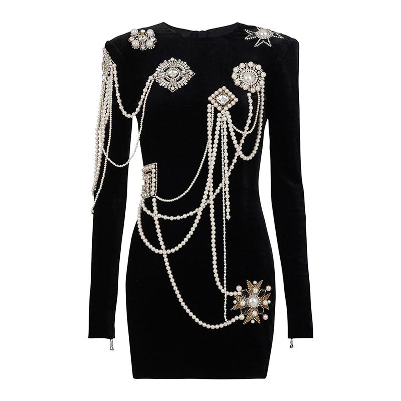 Opulent Pearl and Crystal Embellished Long Sleeve Mini Velvet Dress - Black