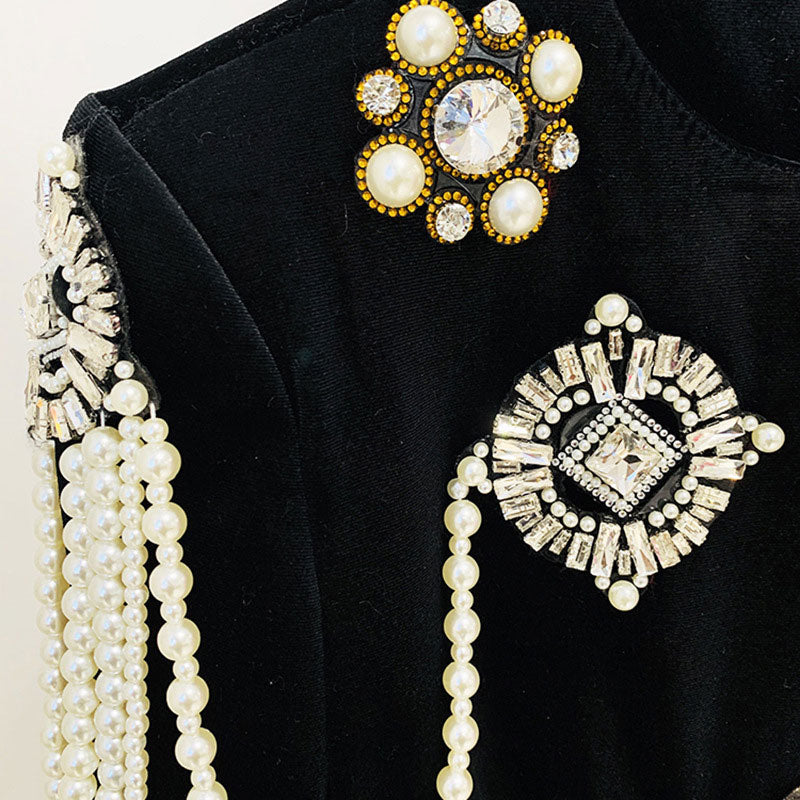 Opulent Pearl and Crystal Embellished Long Sleeve Mini Velvet Dress - Black