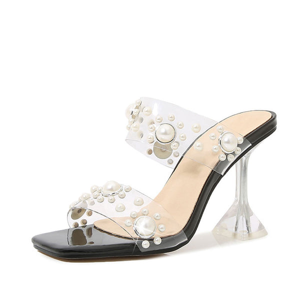 Opulent Pearl Embellished Clear Strap Square Toe PVC Mules - Black