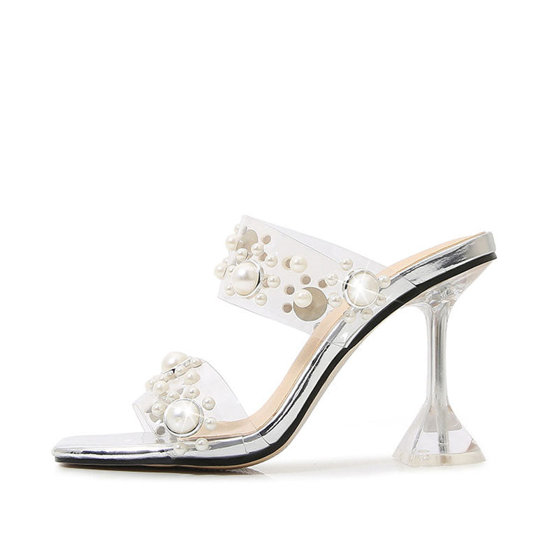Opulent Pearl Embellished Clear Strap Square Toe PVC Mules - Silver