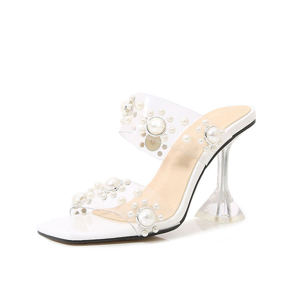 Opulent Pearl Embellished Clear Strap Square Toe PVC Mules - White