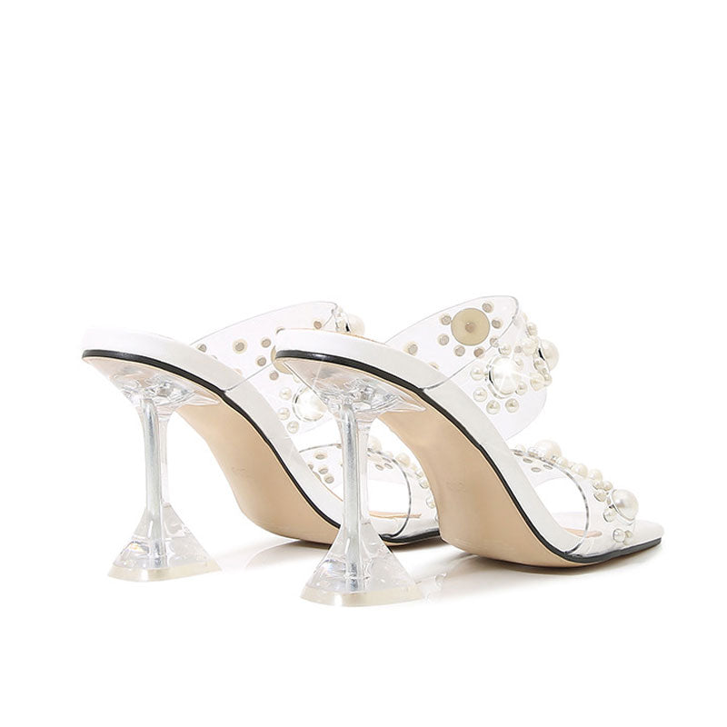 Opulent Pearl Embellished Clear Strap Square Toe PVC Mules - White