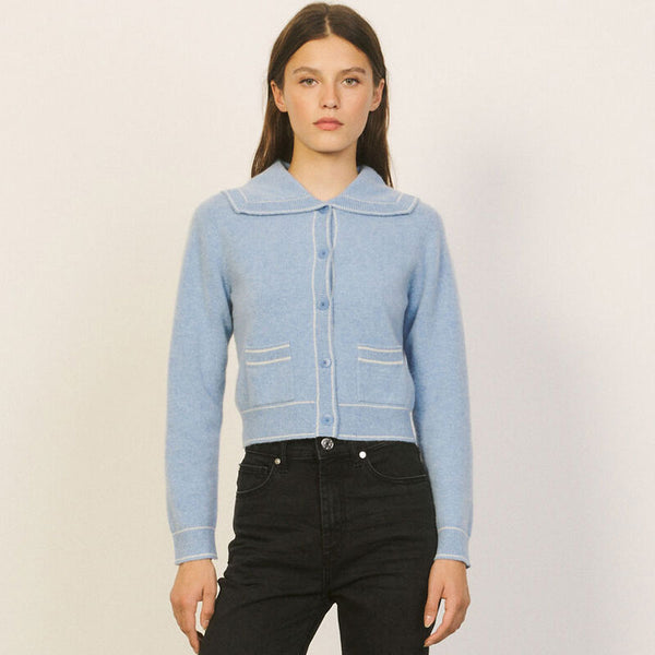 Oversized Collar Long Sleeve Cashmere Blend Crop Cardigan - Dusty Blue