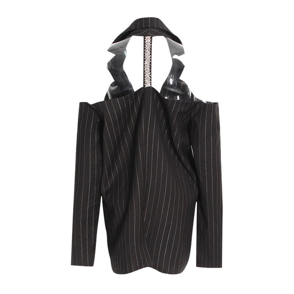 Oversized Crystal Embellished Cutout Single Breasted Lapel Collar Striped Blazer