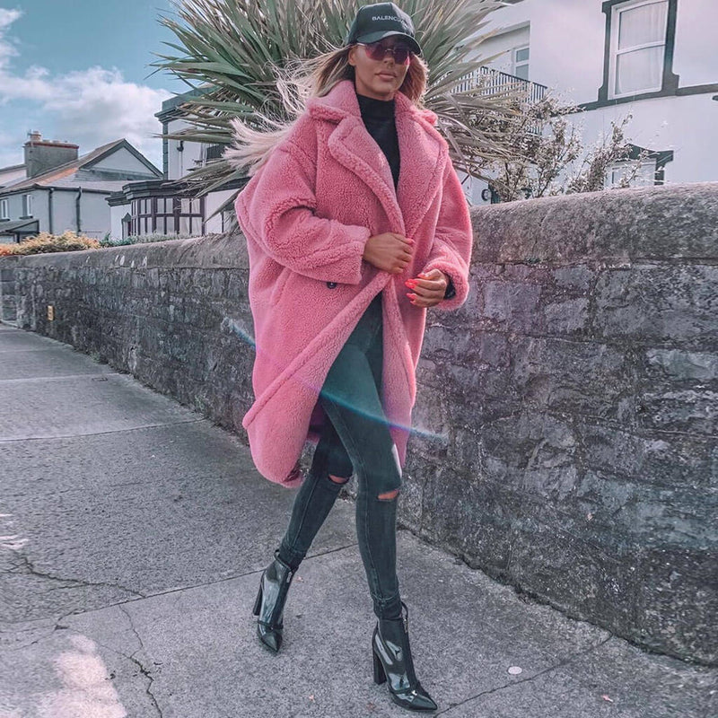 Oversized Lapel Double Breasted Faux Shearling Long Teddy Coat - Pink