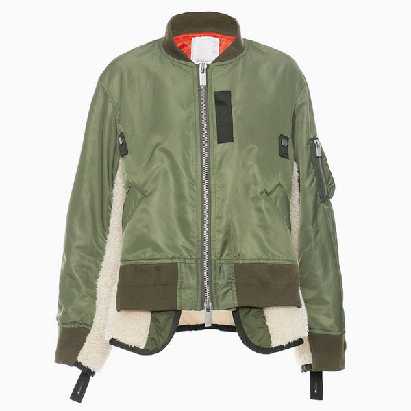 Oversized Layered Faux Wool Panel Drawstring Zip Up Bomber Jacket - Army Green