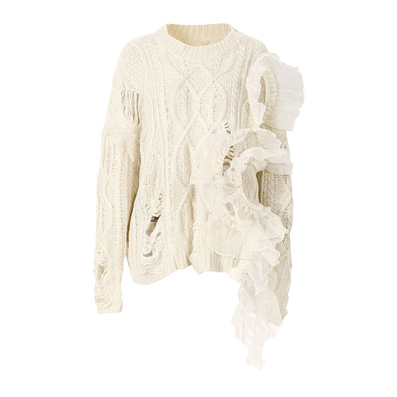 Oversized Ruffle Trim Distressed Detail Round Neck Fisherman Cable Knit Sweater