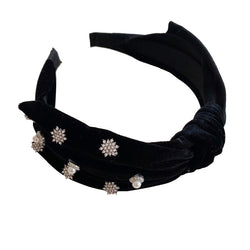 Pearlized Crystal Embellished Velvet Bowknot Headband - Black