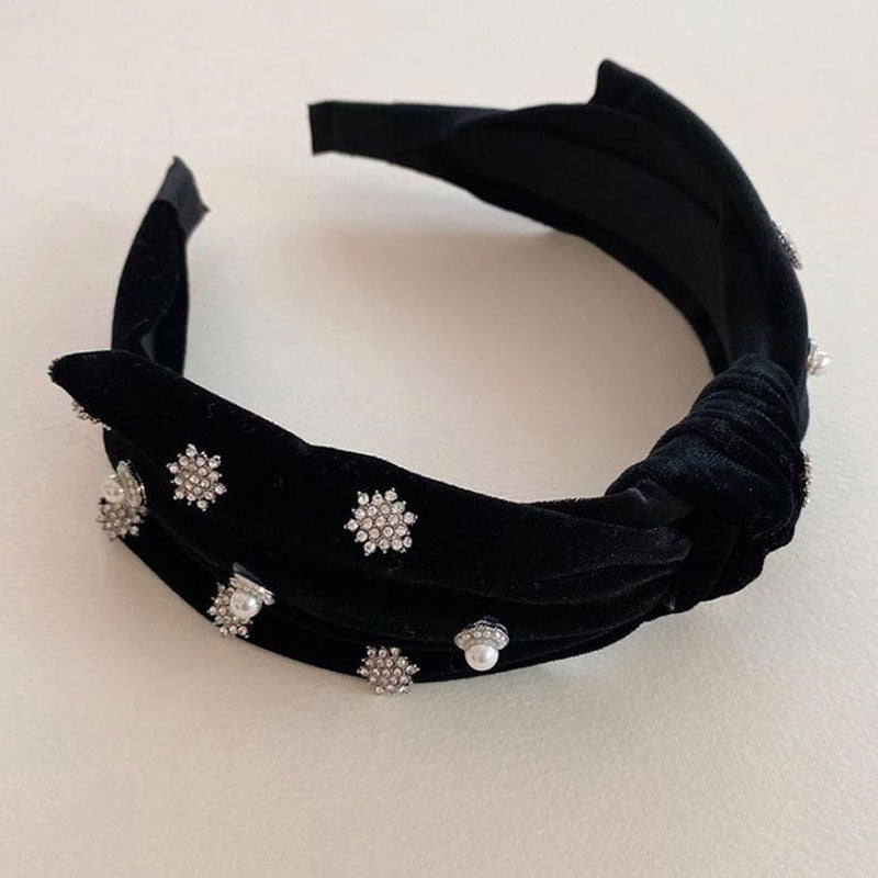 Pearlized Crystal Embellished Velvet Bowknot Headband - Black