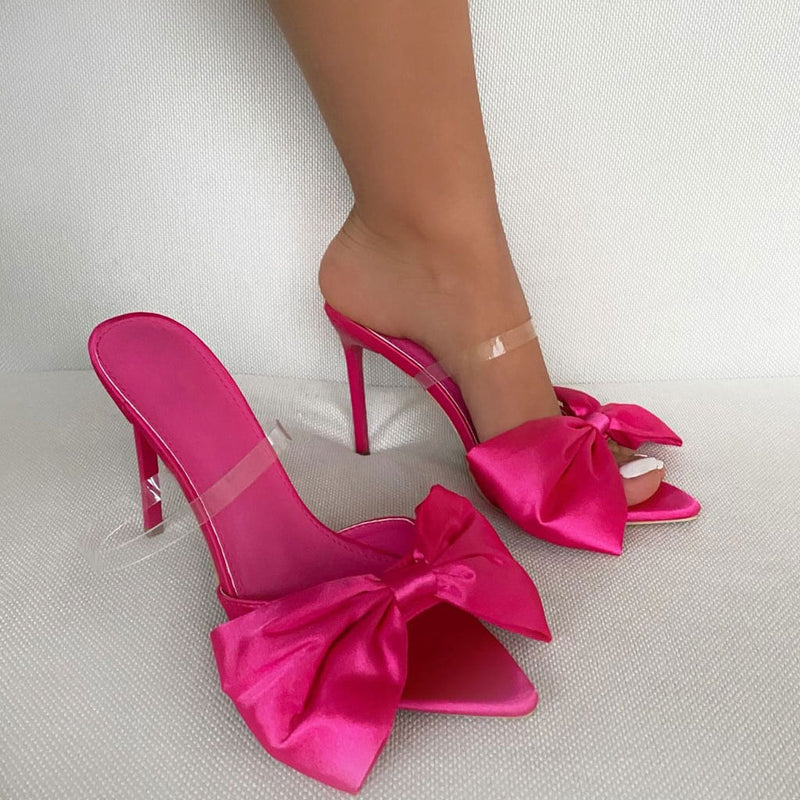 Peep Toe Bowknot Clear Strap High Heel Satin Mules - Rose