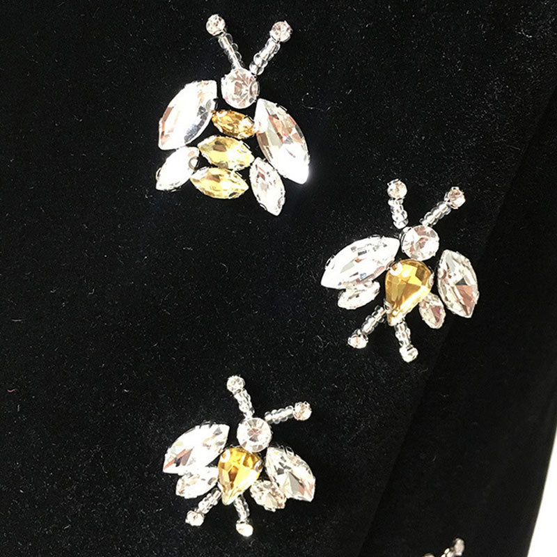 Playful Crystal Bee Embellished Lapel Single Breasted Long Tailored Velvet Blazer