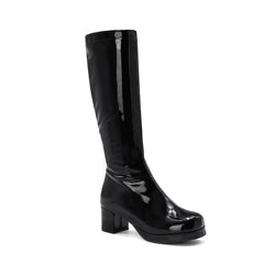 Polished Round Toe Platform Chunky Heel Mid Calf Boots - Black