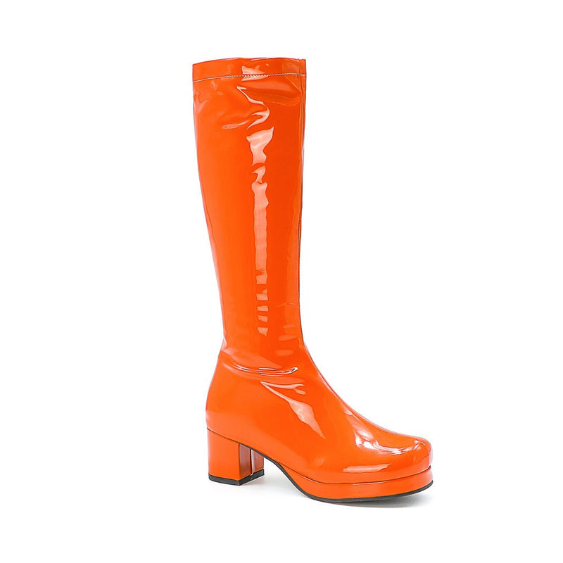 Polished Round Toe Platform Chunky Heel Mid Calf Boots - Orange