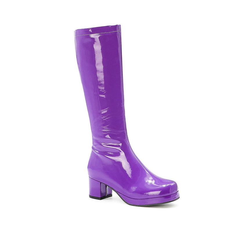 Polished Round Toe Platform Chunky Heel Mid Calf Boots - Purple