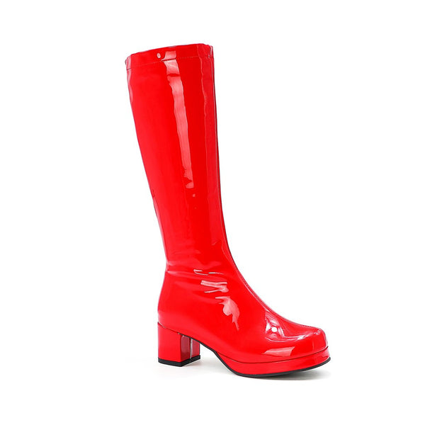 Polished Round Toe Platform Chunky Heel Mid Calf Boots - Red