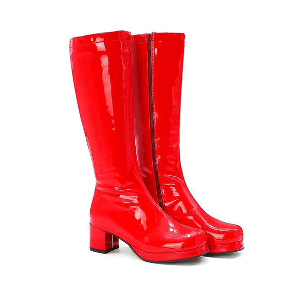 Polished Round Toe Platform Chunky Heel Mid Calf Boots - Red