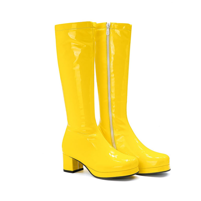 Polished Round Toe Platform Chunky Heel Mid Calf Boots - Yellow
