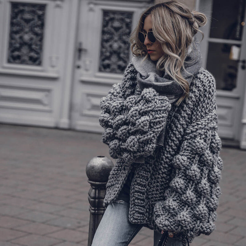 Pom Pom Trimmed Balloon Sleeve Open Front Knit Cardigan - Gray