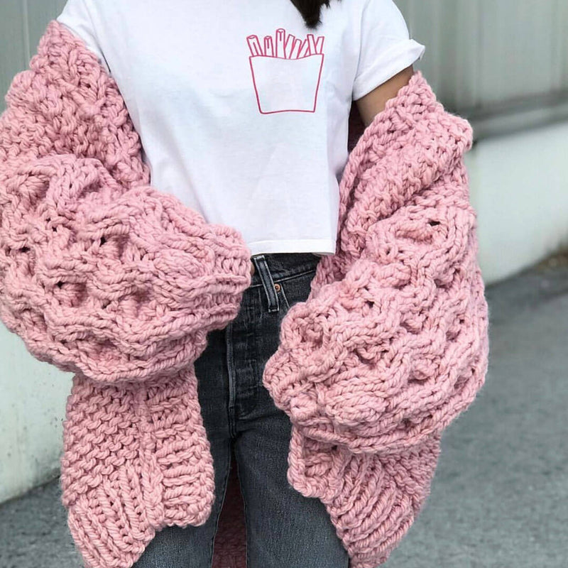 Pom Pom Trimmed Balloon Sleeve Open Front Knit Cardigan - Pink