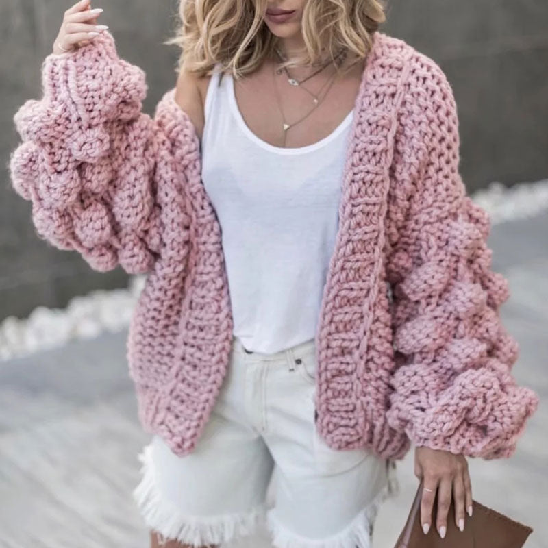 Pom Pom Trimmed Balloon Sleeve Open Front Knit Cardigan - Pink