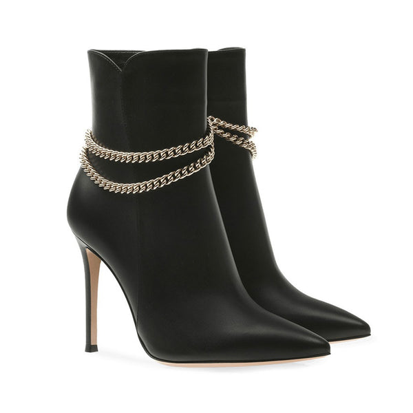 Powerful Pointed Toe Chain Strap High Heel Ankle Boots - Black