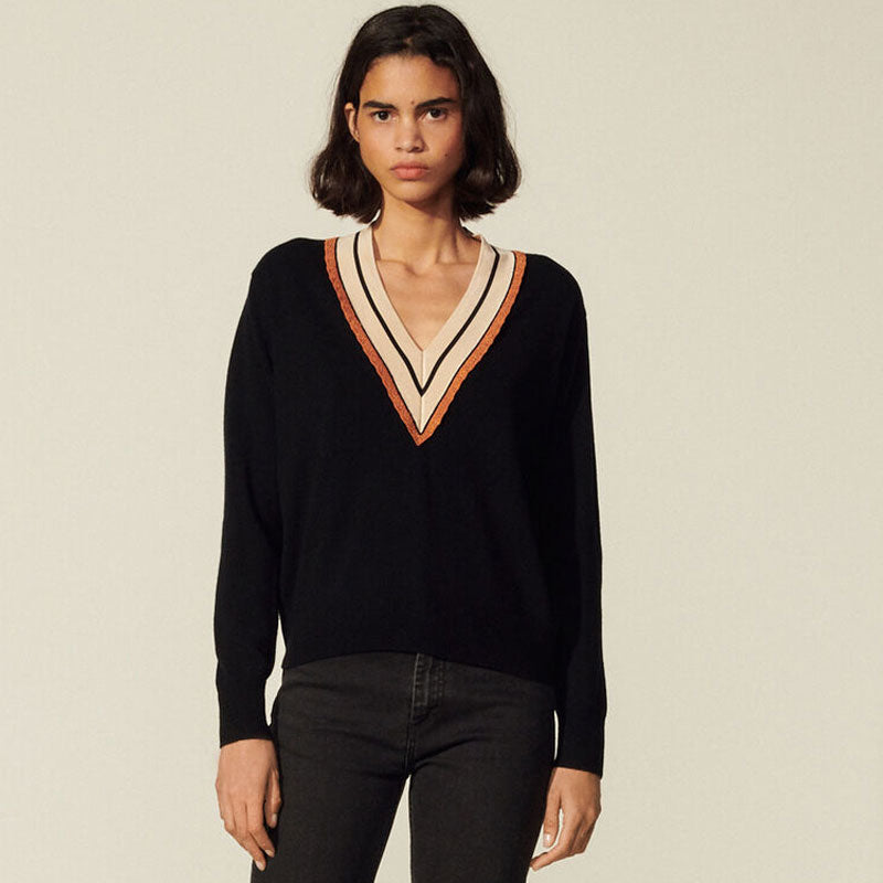 Preppy Striped Deep V Cashmere Blend Pullover Sweater - Black