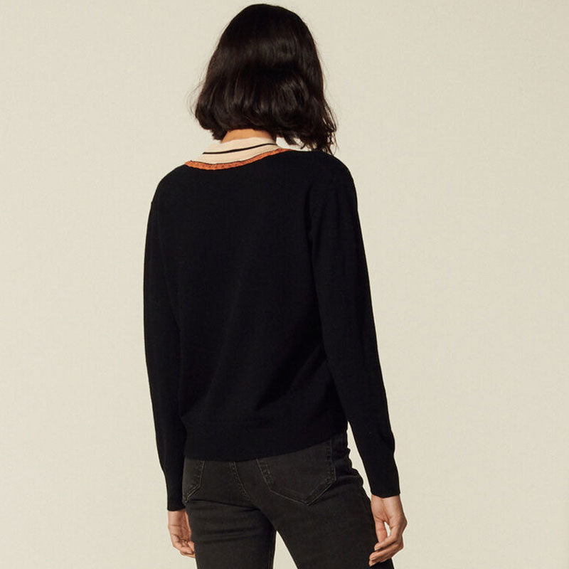 Preppy Striped Deep V Cashmere Blend Pullover Sweater - Black