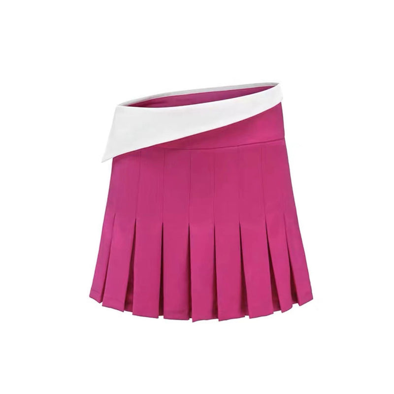 Preppy Style Mid Waist Foldover Basque Detail Mini Pleated Skirt  - Fuchsia