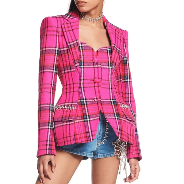 Preppy Sweetheart Crystal Embellished Cutout Checkered Peplum Blazer - Pink