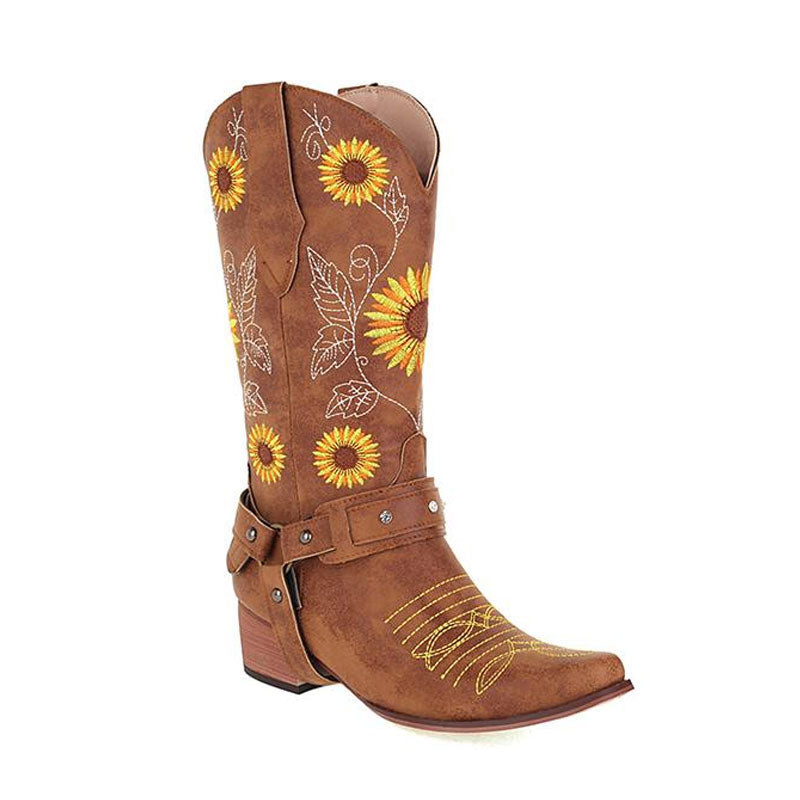 Pretty Sunflower Embroidered Square Toe Chunky Heel Western Boots - Brown