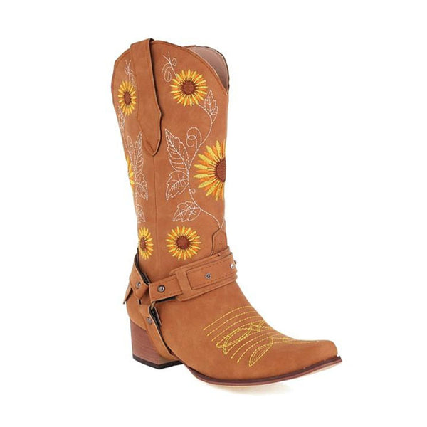 Pretty Sunflower Embroidered Square Toe Chunky Heel Western Boots - Yellow