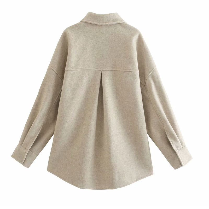 Puff Sleeve Pocket Front Single Breasted Woolen Shacket- Beige