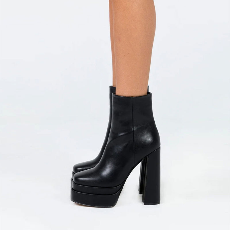 Punky Round Toe Faux Leather Platform Chunky Heeled Ankle Boots - Black