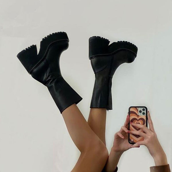 Punky Round Toe Mid Calf Platform Geometric Heeled Boots - Black