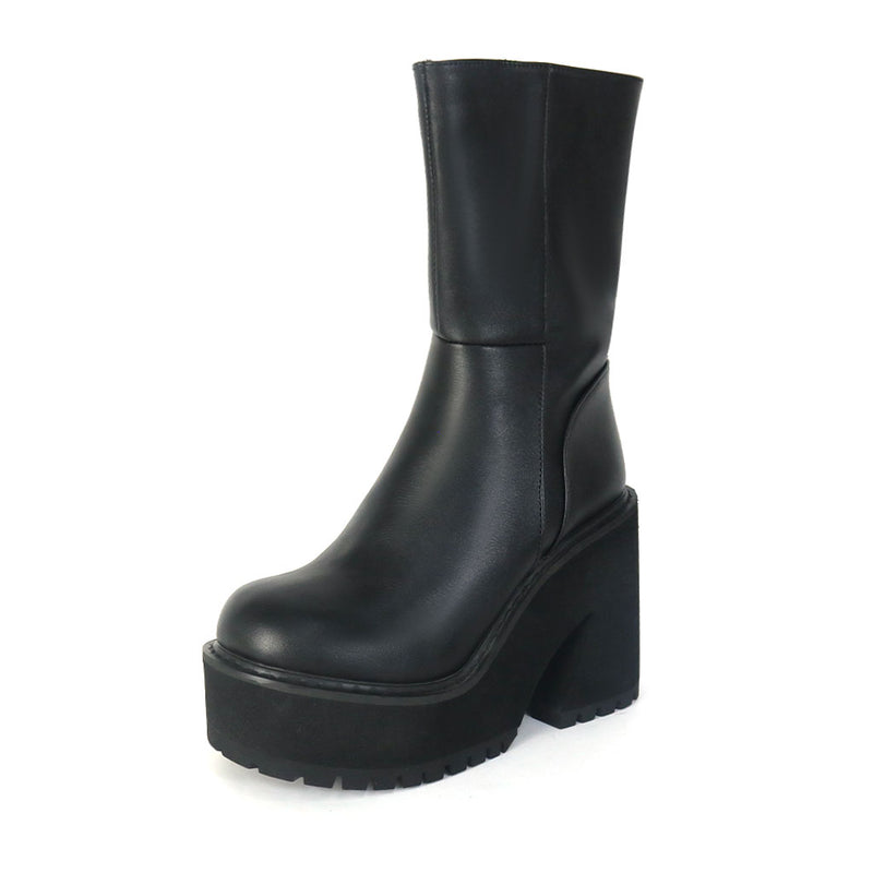 Punky Round Toe Mid Calf Platform Geometric Heeled Boots - Black