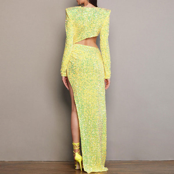 Radiant Sequin Embellished Ruched Cutout Long Sleeve Side Slit Maxi Velvet Dress - Yellow