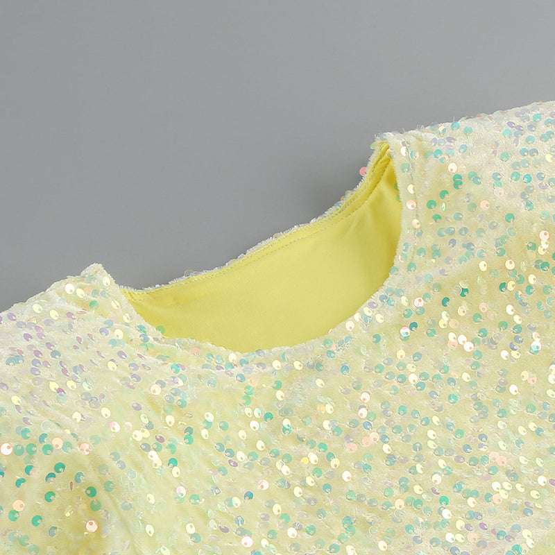Radiant Sequin Embellished Ruched Cutout Long Sleeve Side Slit Maxi Velvet Dress - Yellow