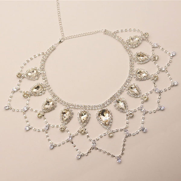 Regal Pear Cut Rhinestone Embellished Pointed Bib Necklace - Silver