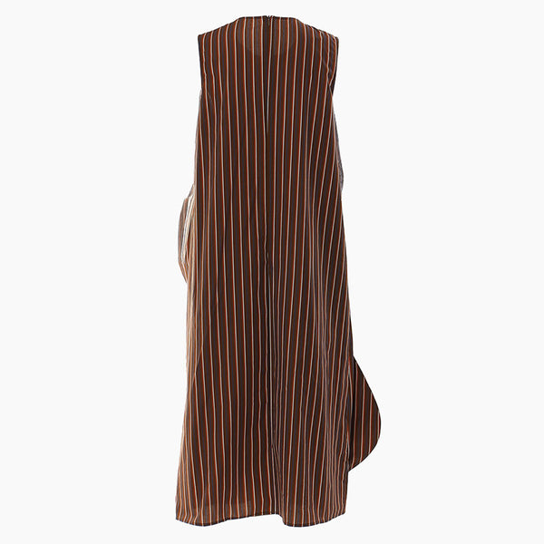 Retro 3D Wave Round Neck Vertical Striped Sleeveless Midi Dress