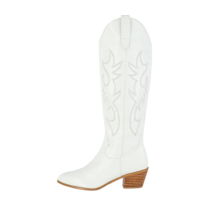 Retro Embroidered Faux Leather Knee High Block Heel Cowboy Boots - White
