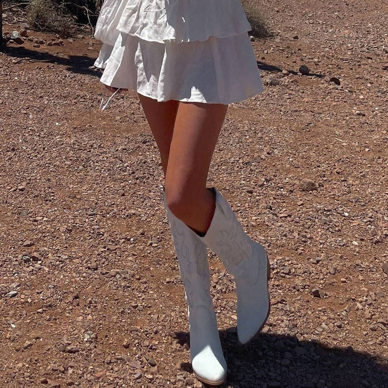 Retro Embroidered Faux Leather Knee High Block Heel Cowboy Boots - White